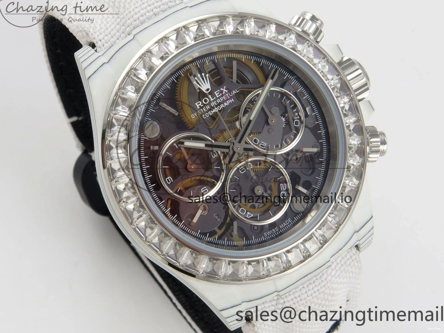 MiroTime 0110 Daytona Cosmograph White Carbon MPF Best Blaken Skeleton Dial on White Nylon Strap A FreshLook 314